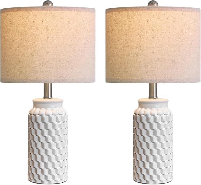 20.5" Set of 2 Bedside Table Lamps Modern White Honeycomb Ceramic - Linen Shade, E26 Knob Switch for Living Room, Bedroom & Nightstand