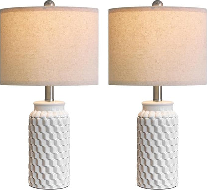 20.5" Set of 2 Bedside Table Lamps Modern White Honeycomb Ceramic - Linen Shade, E26 Knob Switch for Living Room, Bedroom & Nightstand