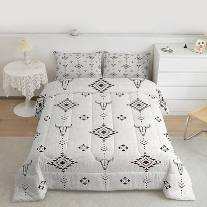 Erosebridal Western Aztec Comforter Set Queen Size, Boho Farmhouse Bedding Set for Kids Boys Teens Ethnic Southwest Bull Skull Cow Quilt American Native Southwestern Duvet Insert Bedroom Decor