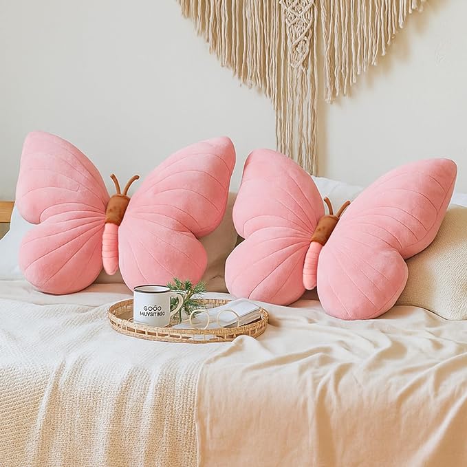 Sratte 2 Pack Butterfly Pillows Pink Throw Pillows Soft Stuffed Seat Cushion Pad Decorative Plush Pillow for Bedroom, Living Room Sofa Couch Bed Girls Nursery Home Decor Gift