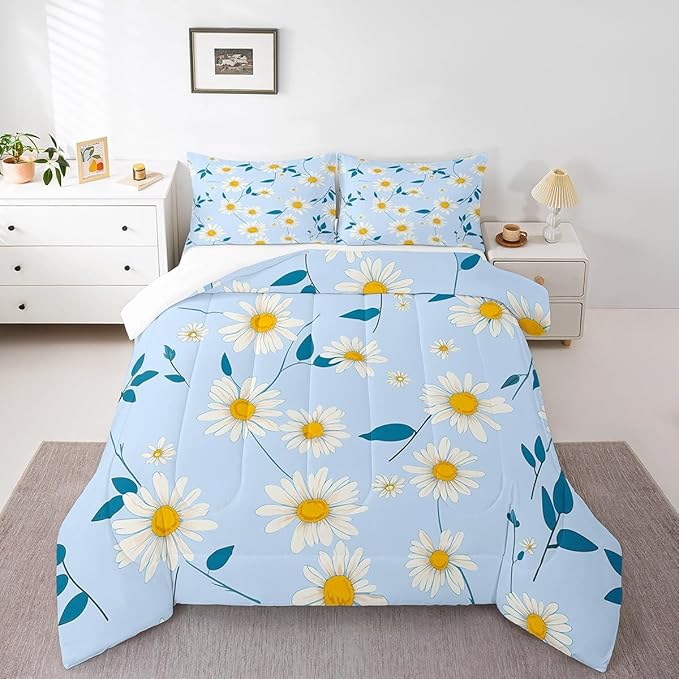 Manfei Cute Daisy Comforter Set King Size, White Flower Blue Leaves Bedding Set 3pcs for Kids Boys Girls Room Decor, Botanical Floral Quilt Set Soft Polyester Duvet Set with 2 Pillowcases