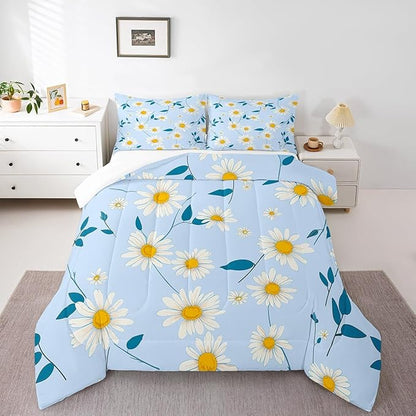 Manfei Cute Daisy Comforter Set King Size, White Flower Blue Leaves Bedding Set 3pcs for Kids Boys Girls Room Decor, Botanical Floral Quilt Set Soft Polyester Duvet Set with 2 Pillowcases