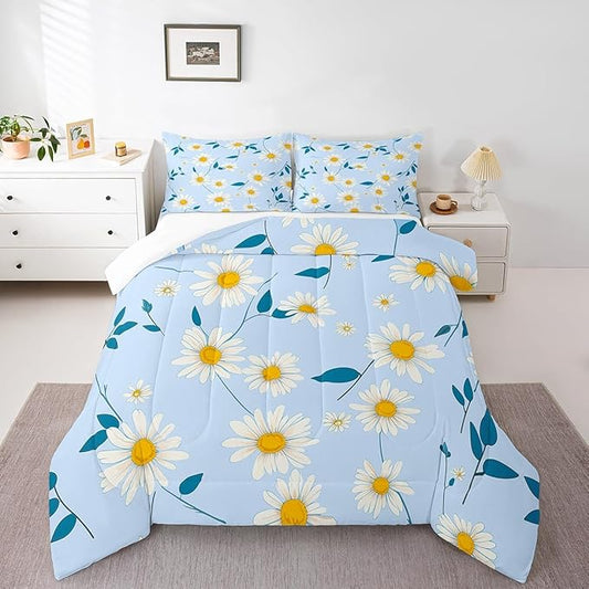 Manfei Cute Daisy Comforter Set King Size, White Flower Blue Leaves Bedding Set 3pcs for Kids Boys Girls Room Decor, Botanical Floral Quilt Set Soft Polyester Duvet Set with 2 Pillowcases