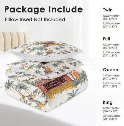 Comforter Set Full Size, Summer Tropical Hawaii Soft 3 Pcs Bedding for Kids and Adults, Beach Hawaiian Palm Tree Leaf Comforter Set with 2 Pillowcases, for Bedroom Bed Decor