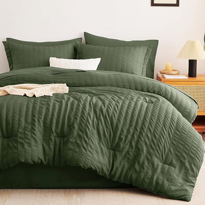 CozyLux Twin Comforter Set with Sheets 5 Pieces, Olive Green Seersucker Textured Bed in a Bag, Luxury Soft Bedding Set with Down Alternative Comforter, Sheets, Pillowcases & Shams for All Seasons