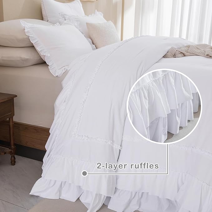Masaca Oversized King Comforter 120x120,Farmhouse Shabby Boho Chic Bright White Ruffle California King Comforter Set French Country Rustic Bedding 3PCS (1 Ruffled Comforter+2 Pillow Shams)
