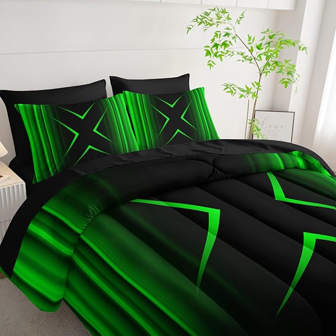 Black and Green Geometric Comforter Set Twin Size 7Pieces,3D Abstract Mordern Printed Bedding Set for Adults,Geometric Mordern Decor All Seasons with Pillowcases,Flat, Fitted Sheet