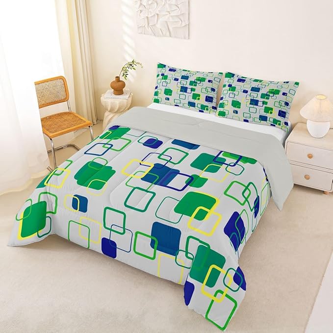 Erosebridal Green Geometric Comforter Set Queen Abstract Minimalist Square Bedding Set Modern Aesthetic Stripes Comforter for Kids Girls Boys Color Block Grid Quilt Duvet
