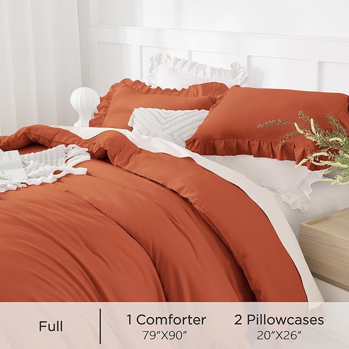 Andency Terracotta Ruffle Comforter Full(79x90Inch), 3 Pieces(1 Ruffled Comforter and 2 Pillowcases) Solid Farmhouse Shabby Chic Bed, Vintage Rustic Soft Microfiber Bedding Set