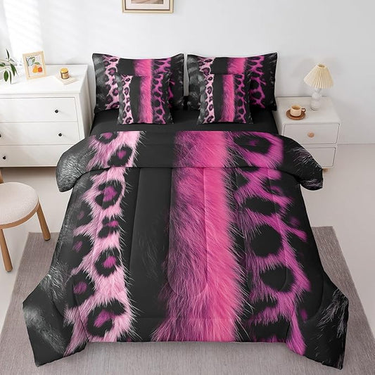 jejeloiu 3D Pink Leopard 7 Piece Bedding Set King Size Adult Leopard Comforter Set with Sheets for Boys Girls Animal Print Bed in a Bag Wild Animal Fur Bed Set