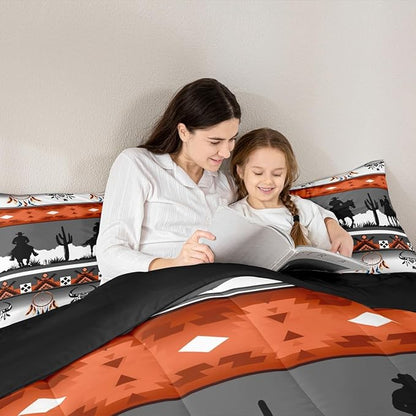 Erosebridal Twin Size Western Horse Comforter Set Longhorn Skull Dream Catcher Boho Bedding Set for Kids Boys Teens Adult Bedroom, Cowboy Aztec Quilt Southwestern Geometric Duvet Insert, Grey