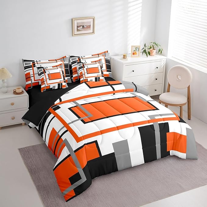 Erosebridal 7Pcs Orange White Full Size Comforter Set,Modern Abstract Square Geometric Bed in A Bag,Boho Graffiti Striped Quilt,Minimalist Art Contemporary Bedding with Bed Sheets