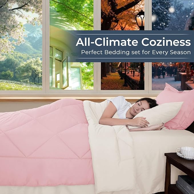 HEVUMYI Full Comforter Set - 7-Piece All Season Bed in a Bag Full, Ultra Soft Bedding Set with Comforter, Flat Sheet, Fitted Sheet, Pillowcases, Pillow Shams, Pink & Ivory