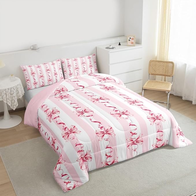 Erosebridal Pink Ribbon Bow Comforter Set Cute Coquette Bowknot King Bedding Set for Girls,Romantic Aesthetic Princess Bow Comforter Pink Geometric Striped Line Bed Set for Kids Teen Adults