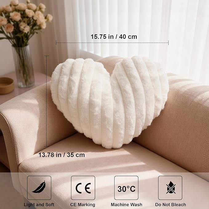 2 Pcs White Heart Throw Pillows, 16 Inch Soft Fluffy Heart-Shaped Comfort Pillows with Calming Texture, Hug Pressure for Relaxing Moments, Ideal for Sofa, Reading, and Naps (White)