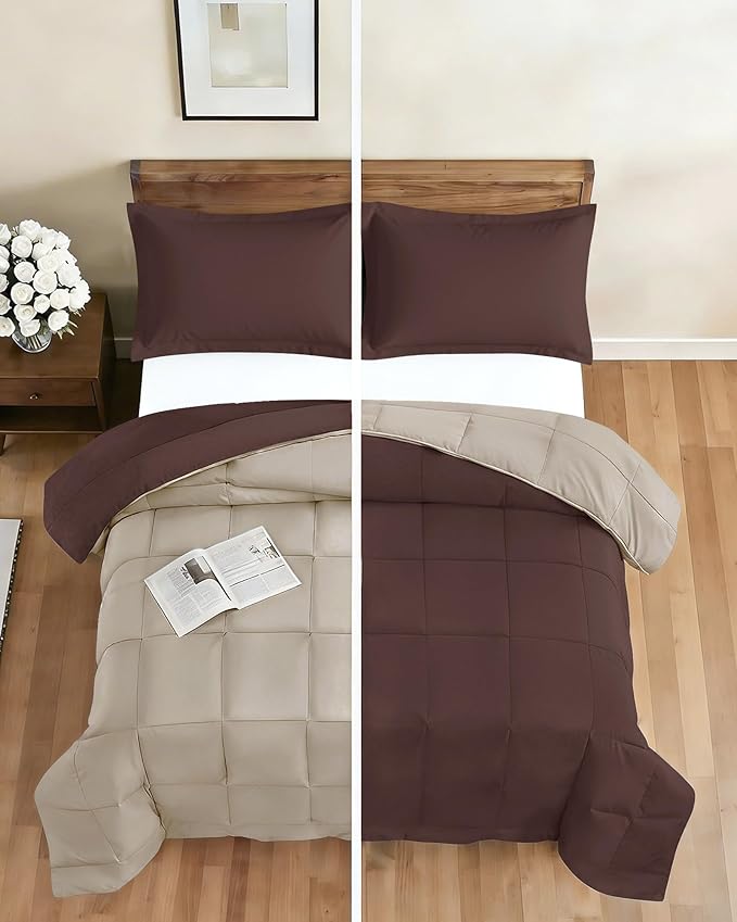 Twin Comforter Set - 2 Piece Bed Set for All Seasons - 1 Soft Quilted Comforter with Corner Tabs & 1 Pillow Sham - Comfy and Breathable - Premium Down Duvet Insert - Oeko-TEX - Twin Size, Brown/Beige