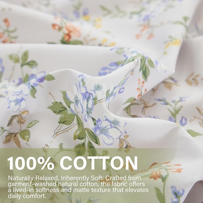 Floral Comforter King Size 100% Cotton Bedding Set Green & Yellow Flowers Cotton Comforter Sets 3 Pcs Reversible Lightweight Bedding Sets for All Seasons