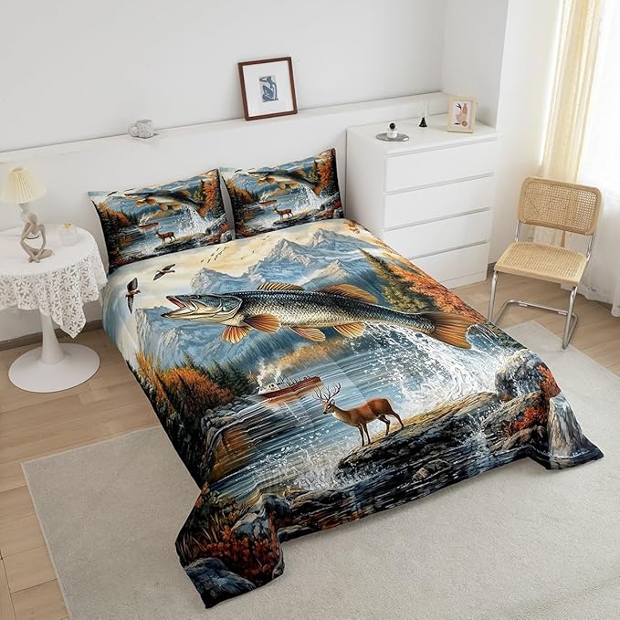Erosebridal Fishing and Hunting Full Bedding Set,Big Bass Pike Fish Comforter Set for Kids Boys Girls,Hunting Deer Comforter,Rustic Mountain Cabin Bedroom Room Decor,2 Pillowcases Breathable