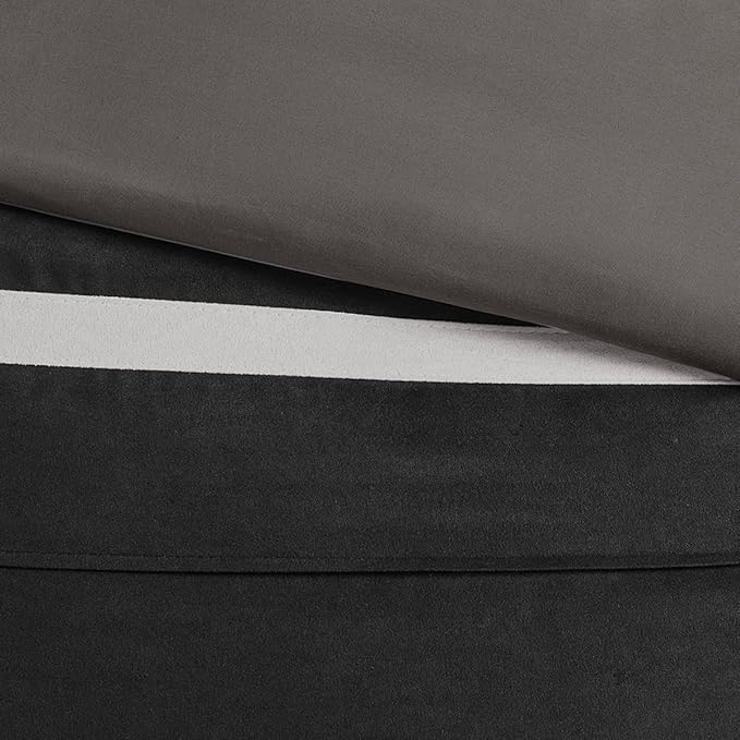 Madison Park Palmer Comforter Set - Faux Suede Design, Striped Accent, All Season Down Alternative Bedding, Matching Shams, Decorative Pillow, Bed Skirt, Queen (90 in x 90 in), Black 7 Piece