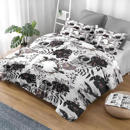 Comforter Set Queen Size, Vintage Sugar Soft 3 Pcs Bedding for Kids and Adults, Flower Dead Gothic Comforter Set with Pillowcase, for Bedroom Bed Decor