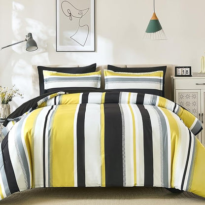 WONGS BEDDING Yellow Comforter Queen Size Set, 7 Pieces Bed in a Bag Yellow and Black Comforter Set, Soft Boho Striped Bedding Sets with Sheets, Pillowcases & Shams