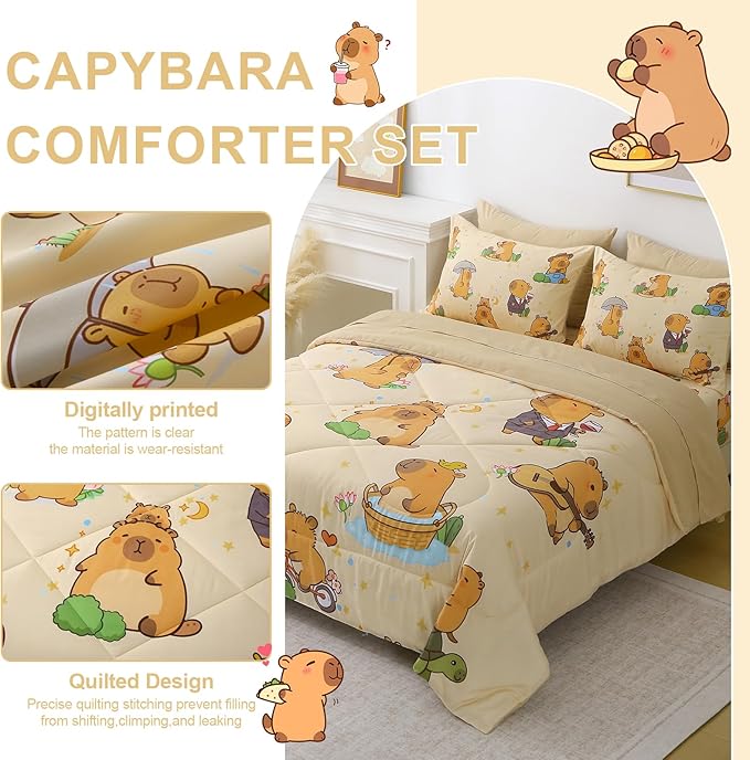 7 Piece Capybara Comforter Set Full Size Cute Cartoon Capybara Bedding Set Super Soft All Season Bedroom Decor for Kids Girls Boys Teens Birthday Choice
