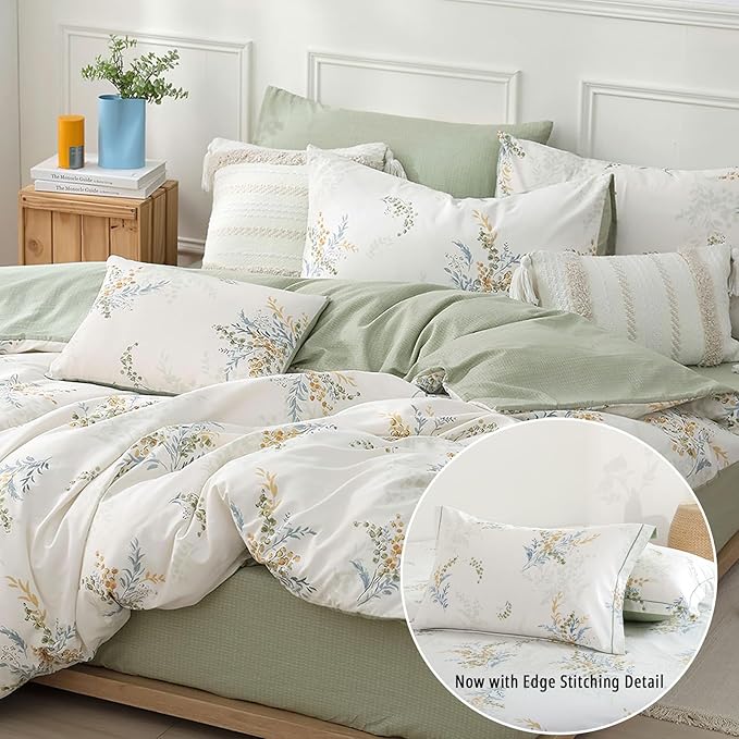White Cotton Comforter King Size 3Pcs - Blue Branches & Orange and Green Buds on White, Chevron Sage Green Back, Reversible Lightweight Bedding Sets with Soft Fill(King, 104"×90")