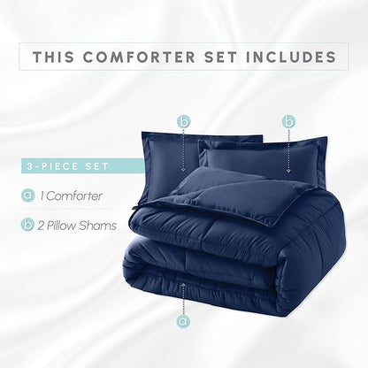 Elegant Comfort 3-Piece Box Stitched Down Alternative Comforter with Shams - Ultra Soft for All Season Duvet Insert with Corner Tabs, Plush Cozy 3PC Comforter Set, Twin, Navy Blue