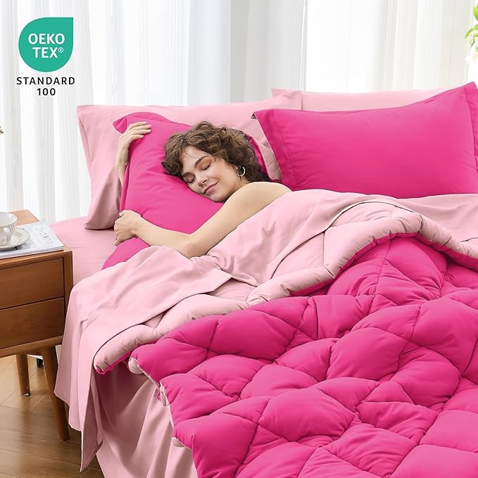 MUXHOMO 7 Pieces King Comforter Set, Reversible Bed in a Bag King Size, All Season Bedding Set with Comforter, Flat Sheet, Fitted Sheet, Pillowcases & Shams, Hot Pink & Baby Pink