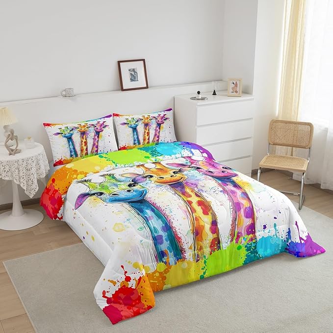 Manfei Watercolor Giraffe Comforter Set for Kids Adults,Rainbow Paint Graffiti African Wildlife Bedding Comforter Sets Toddler,Hand Drawm Animals Cartoon Quilt Comforter with 1 Pillowcase