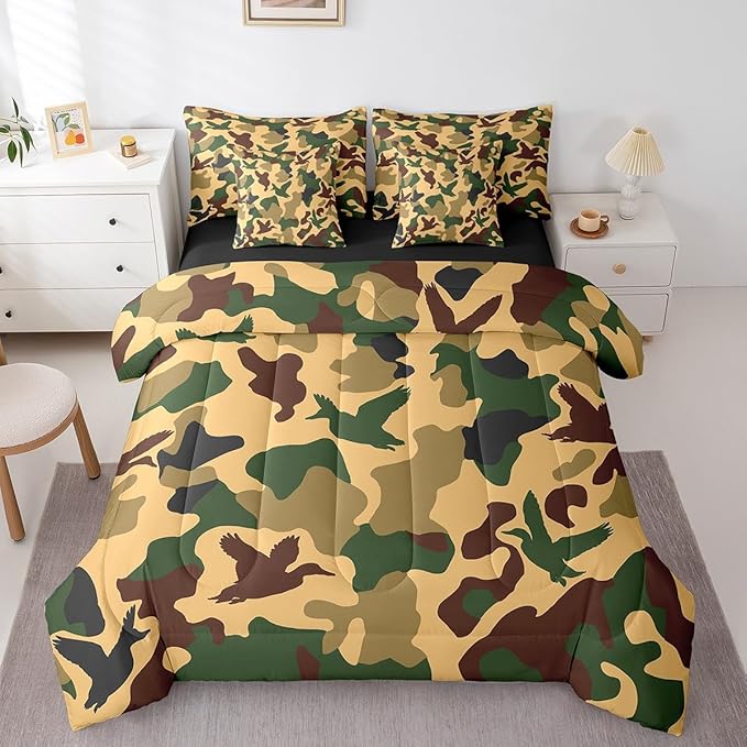 Erosebridal Camo Duck 7 Pcs Comforter Set King Size Camouflage Bedding for Kids Hunting Farmhouse Camping Sheet Set Bed in A Bag Vintage Army Green Yellow Room Decor Wild Animal Rustic Bed Set