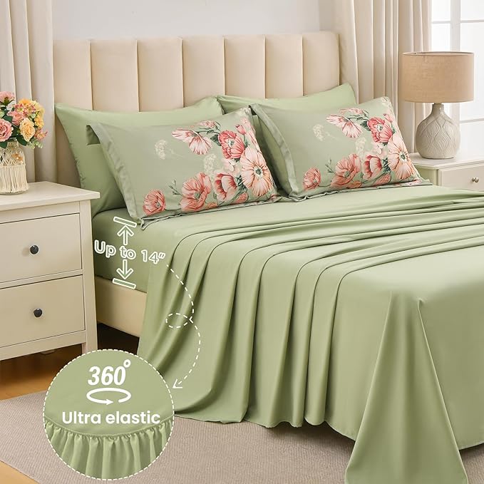 King Size Comforter Set - 7 Pieces Floral Comforter and Sheet Set, Green King Size Bed in a Bag, Soft Microfiber Flower Complete Bedding Set for All Seasons（Green,104"x90"）