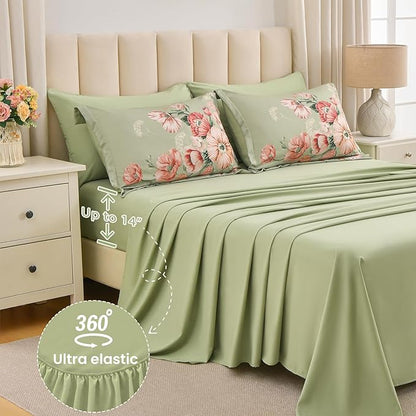 King Size Comforter Set - 7 Pieces Floral Comforter and Sheet Set, Green King Size Bed in a Bag, Soft Microfiber Flower Complete Bedding Set for All Seasons（Green,104"x90"）