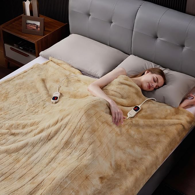 Guohaoi Heated Blanket Electric Throw, Soft Faux Rabbit Fur Electric Blanket with 10 Heating Levels 5 Sitting Timer Auto Off, Dual-Controller Heating Blankets, Machine Washable(84"×90" Beige)
