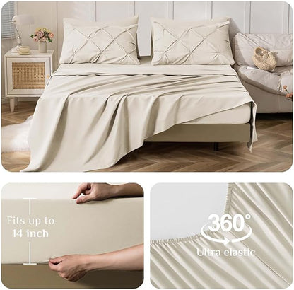 JOLLYVOGUE Queen Comforter Set 7 Pieces - Bed in a Bag Queen for All Season, Pintuck Bedding Comforter Sets with Comforter, Flat Sheet, Fitted Sheet and Pillowcases & Shams, Beige
