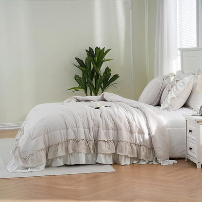 Boho Comfrter Set King Size Beige Bedding Set Shabby Chic Down Comforter 2 Layers Ruffles Home Decor Farmhouse Quilt Set Ultra Soft Microfiber White Cream Bohemian Bed Set for Girls Women
