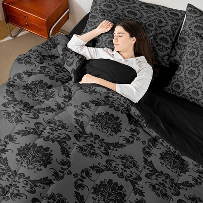 Erosebridal Charcoal Grey and Black Damask Twin Comforter Set with Sheets | Antique Decor Gothic Vintage Floral 7-Piece Bedding Set Boho Baroque Bed in a Bag, Luxury Bohemian Bed Sets
