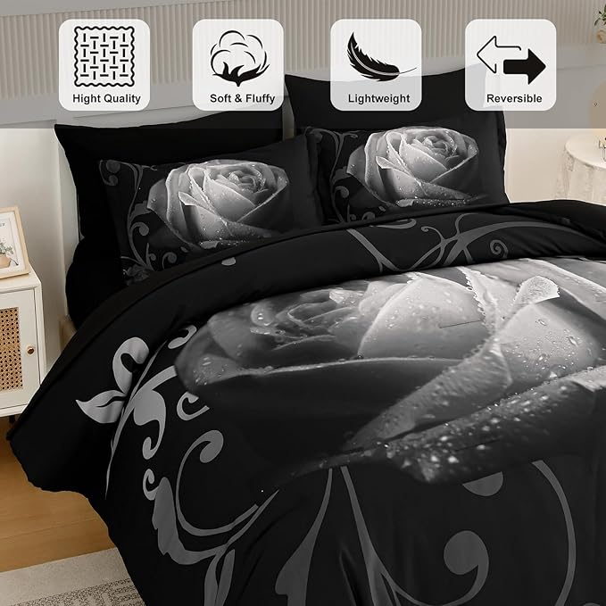 Xruibed Floral Comforter Queen Black Bed in a Bag Rose 7PCs Comforter Set Soft Micorfiber Bedding Set (1 Comforter,2 Pillow Shams,1 Flat Sheet,1 Fitted Sheet,2 Pillowcases)