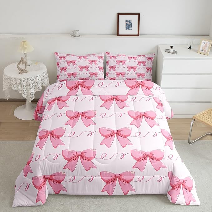 Erosebridal Bowknot Down Comforter Queen Size, Dreamy Princess Style Comforter Set for Girls Women Bedroom Decor, Cute Bow Tie Bedding Set Pink Girly Kawaii Quilt for All Season
