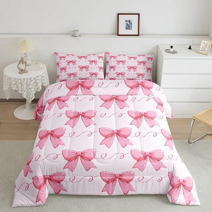 Erosebridal Bowknot Down Comforter King Size, Dreamy Princess Style Comforter Set for Girls Women Bedroom Decor, Cute Bow Tie Bedding Set Pink Girly Kawaii Quilt for All Season