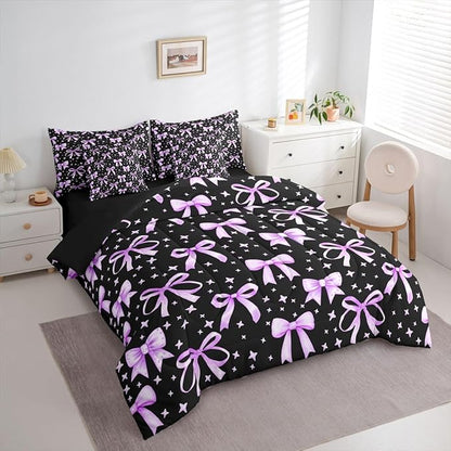 Erosebridal Kawaii Black Purple Cute Girls Bowknot Comforter Set Queen Size 7 Pieces | Princess Bed in A Bag Dreamy Y2K Bed Set Bow Kids Bedding