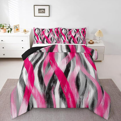 Erosebridal Geometric Stripes Comforter Full Modern Abstract Comforter Set Grey Black Hot Pink Bedding Set for Kids Girls Teen Women Swirl Lines Quilt Duvet Room Decor 3 Pcs