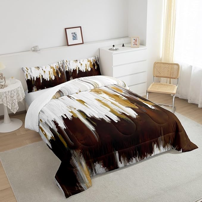 Maillard Brown Bedding Set King Abstract Watercolor Comforter Set, Gradient Stripe Duvet Insert Chic Vintage Aesthetic Quilt Sets, Graffiti Oil Painting Modern Bedding Comforters & Sets for Kids Teens