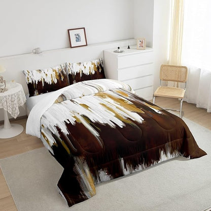 Maillard Brown Comforter Set Full Abstract Watercolor Bedding Set Gradient Stripe Bedding Comforter Sets Chic Vintage Aesthetic Duvet Set Graffiti Oil Painting Modern Quilted Comforter for Kids Teens