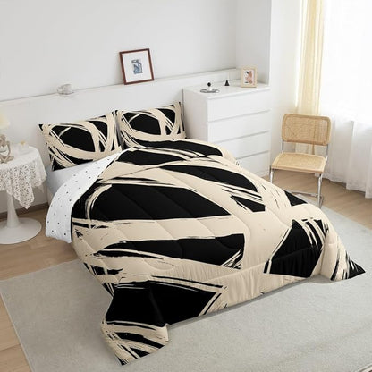 Beige and Black Striped Bedding Set Full Size for Adults Youth Teens,Contemporary Boho Modern Art Comforter Set,Graffiti Stripes Lines Quilt,Aesthetic Geometric Duvet Insert for Minimalists