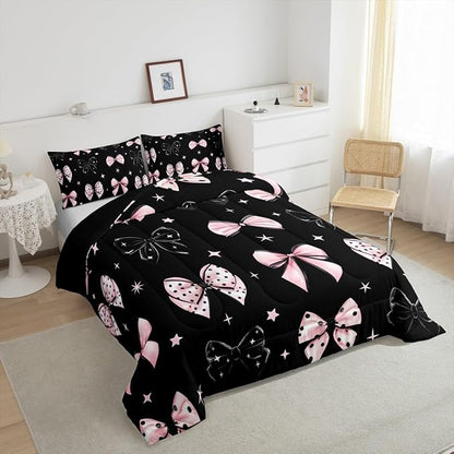Erosebridal Black Pink Bow Bedding Set Cute Cartoon Bowknot King Comforter Set for Girls Coquette Butterfly Knot Bedding Comforter Sets for Kids Teen Adults,Princess Style Kawaii Bed Set