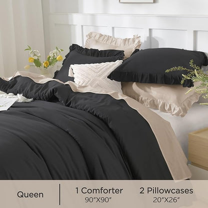 Andency Black Queen Comforter Set, 3 Pieces Farmhouse Shabby Chic Bedding Comforter & Sets for Queen Bed, Soft Lightweight Fluffy All Season Down Alternative Bed Set for Men Women