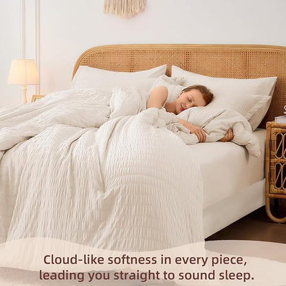 FUANNA Twin Comforter Set 5 Pieces, Luxury Seersucker Twin Bed Set for All Seasons, Soft Twin Bed in a Bag with Comforter, Flat Sheet, Fitted Sheet, Pillowcase & Sham for Bedroom, Beige