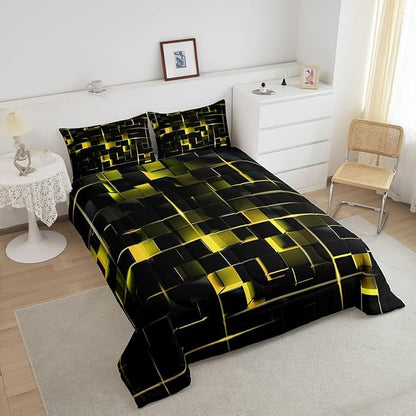 Erosebridal Yellow Black Full Comforter Set Geometric Light Honeycomb Bedding Set for Kids Teens Adult, Decor Down Comforter Modern Style Quilt, Microfiber Lightweight All Season