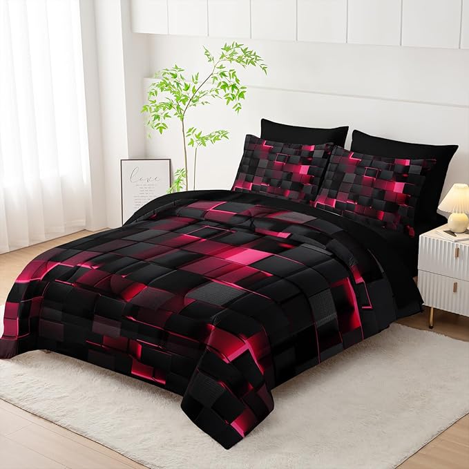 Geometric Pink Black Full Comforter Set,Light Honeycomb Bedding Set 7 Piece in A Bag,Bed Sheet Set Geometry Decor,Microfiber Lightweight All Season